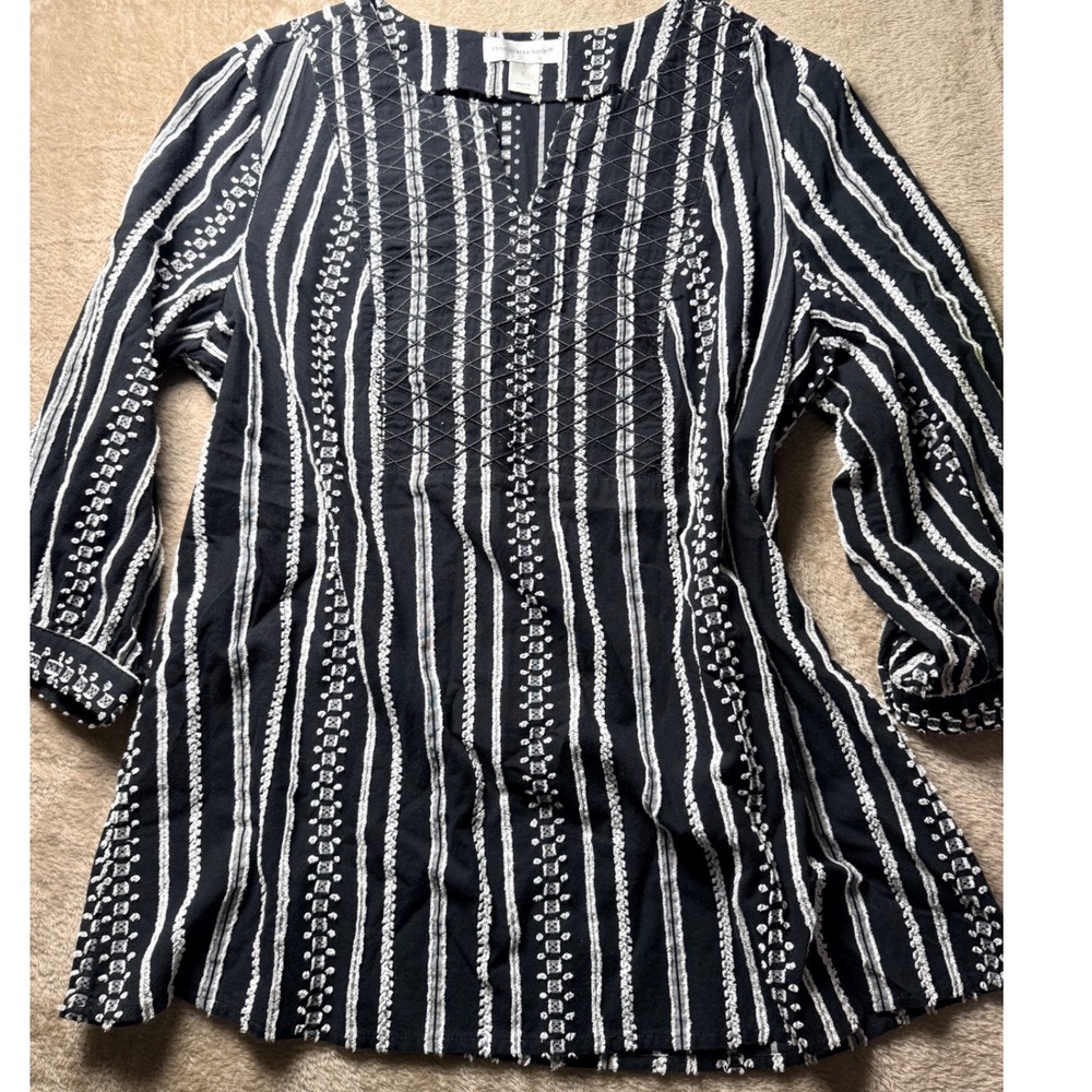 Christopher & Banks Striped Embroidered Cotton Tunic‎ Top L Boho Peasant Summer